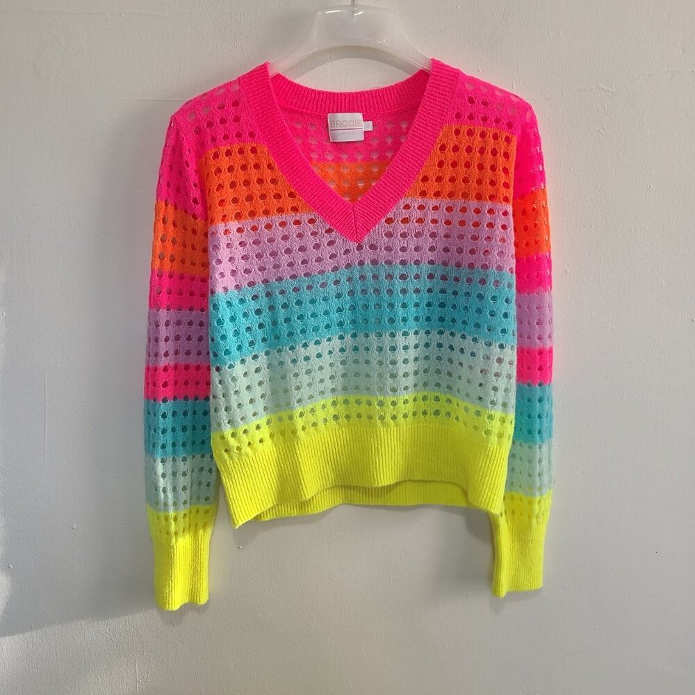 Brodie Cashmere Pointelle Sweater V Neck Multicolor Size M - Picture 1 of 7